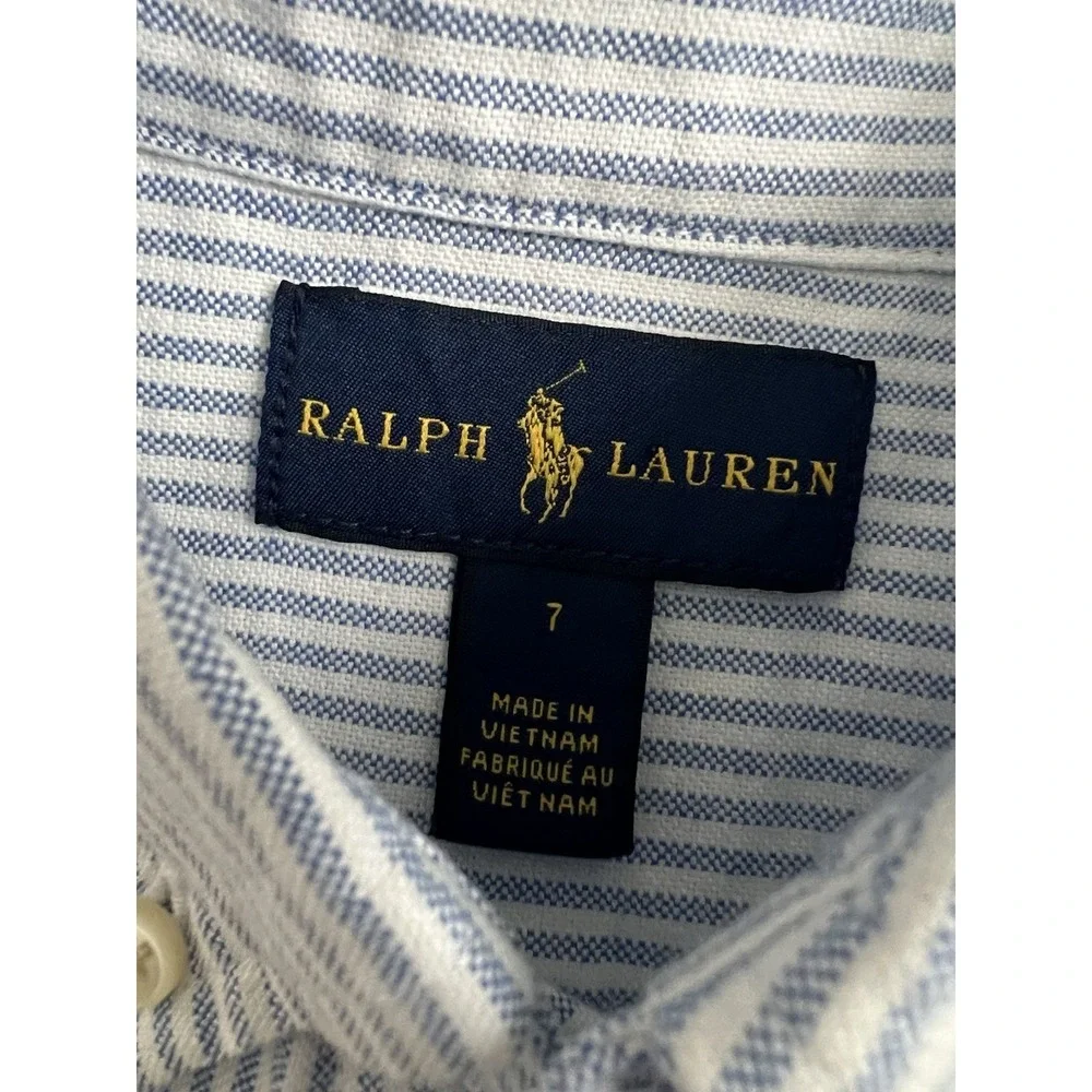 Ralph Lauren Blue White Striped Oxford Button Down Shirt Boys Sz 7 Pony Preppy